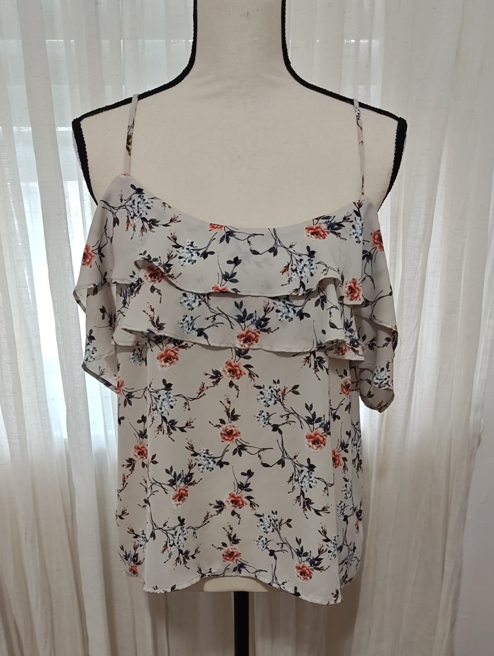 Floral Ruffle Cold-Shoulder Cami Top - Cream with Rose Print